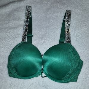 Victoria's Secret Emerald Bra with Lace and Rhinestone Straps